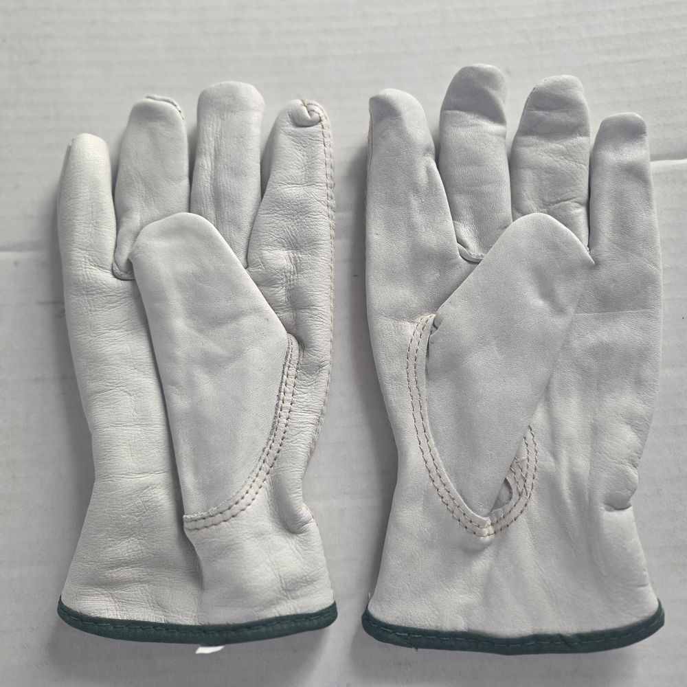 Industrial Grade White Leather Gloves with Green Trim Size Medium